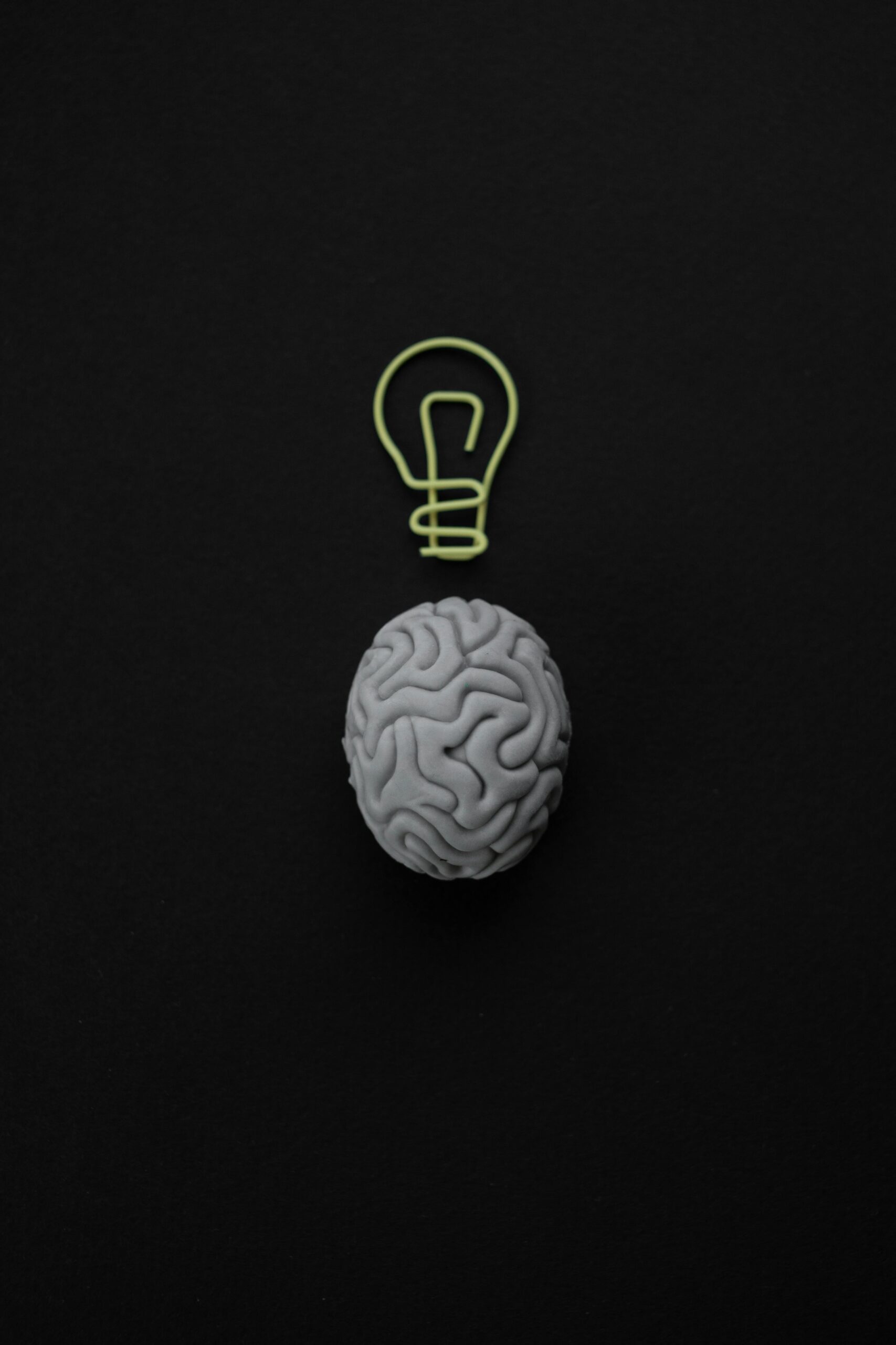 Gray brain with light bulb symbol on black background representing intelligence and creativity.